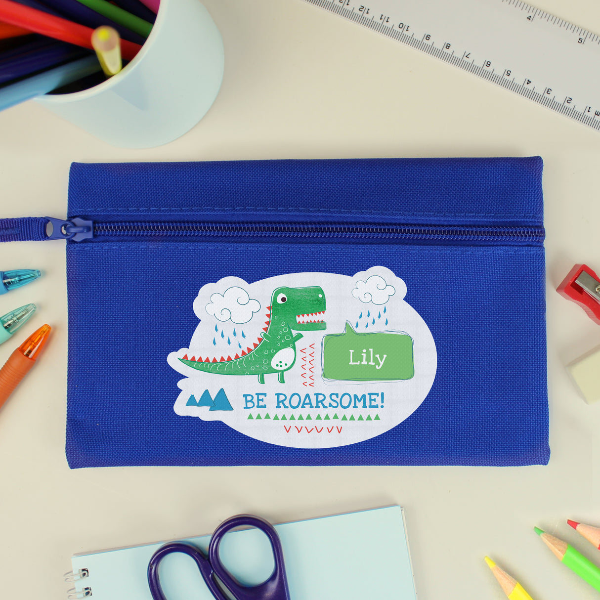 Personalised 'Be Roarsome' Dinosaur Blue Pencil Case - Pencil Cases & Sets at Gift Moments