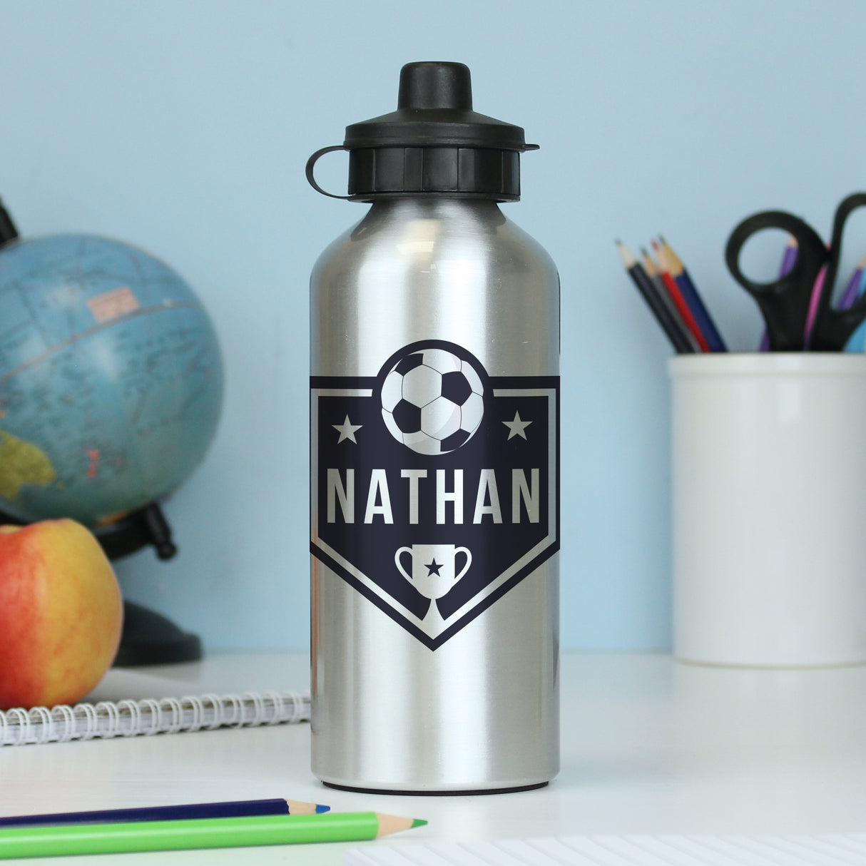 Personalised Football Silver Drinks Bottle - Kids Bottles at Gift Moments