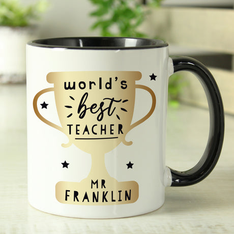 Personalised World's Best Teacher Trophy Black Handled Mug - Mugs at Gift Moments