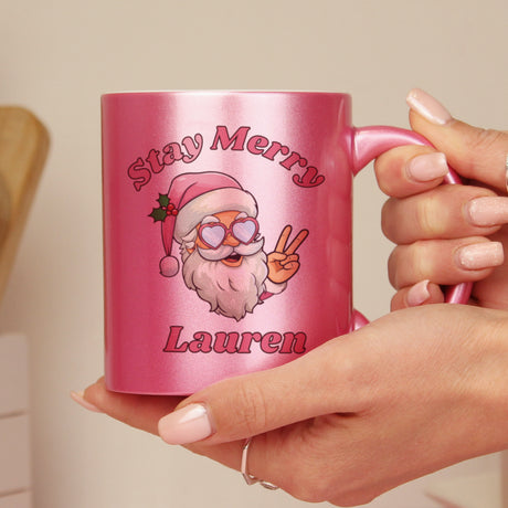 Personalised Stay Merry Santa Pink Mug - Mugs at Gift Moments