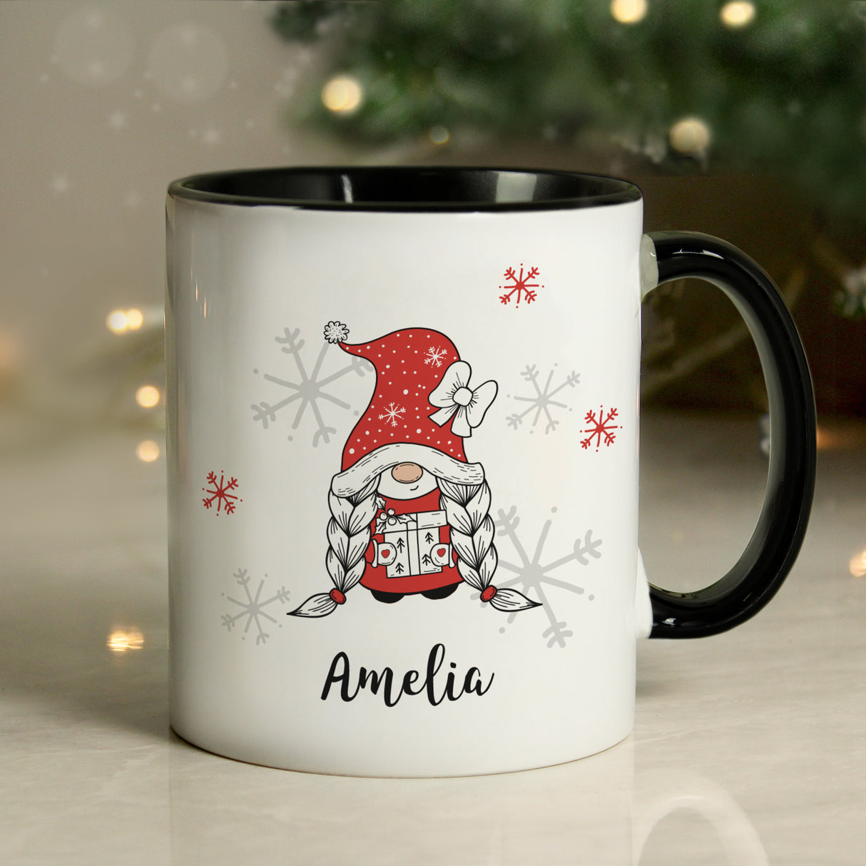 Personalised Gonk Family Black Handled Christmas Mugs Girl - Mugs at Gift Moments