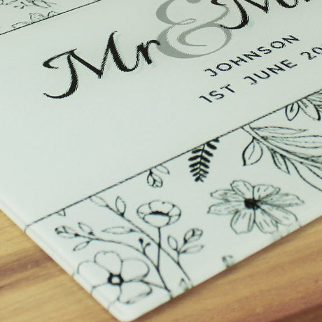 Personalised Mr & Mrs Botanical Glass Chopping Board/Worktop Saver - Chopping Boards at Gift Moments