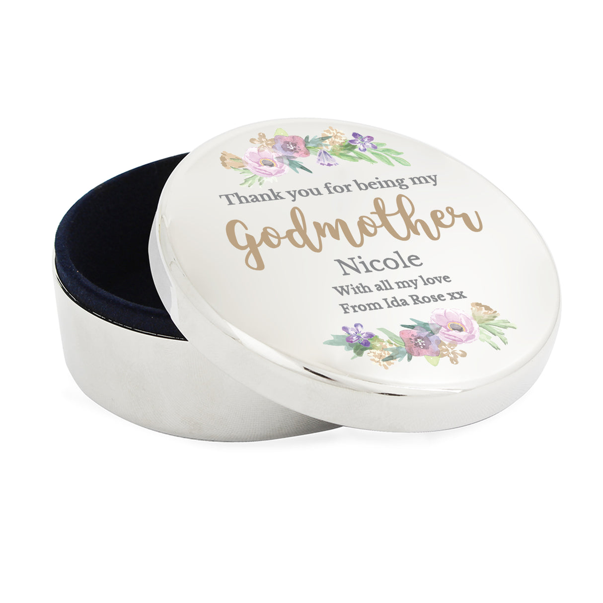 Personalised Godmother 'Floral Watercolour' Round Trinket Box - Trinket Boxes at Gift Moments