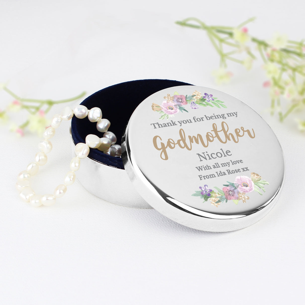 Personalised Godmother 'Floral Watercolour' Round Trinket Box - Trinket Boxes at Gift Moments