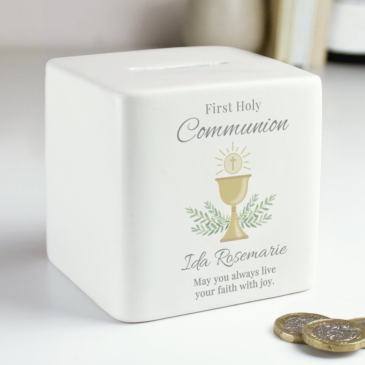 Personalised First Holy Communion Ceramic Square Money Box - Money Boxes at Gift Moments