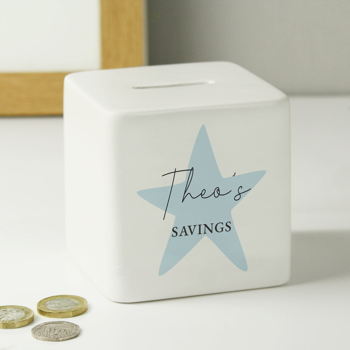 Personalised Blue Star Ceramic Square Money Box - Money Boxes at Gift Moments