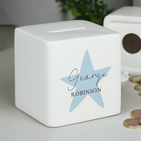 Personalised Blue Star Ceramic Square Money Box - Money Boxes at Gift Moments