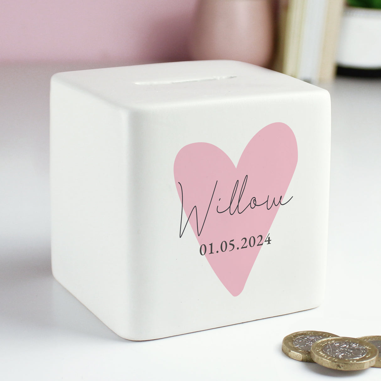 Personalised Pink Heart Ceramic Square Money Box - Money Boxes at Gift Moments