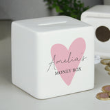 Personalised Pink Heart Ceramic Square Money Box - Money Boxes at Gift Moments