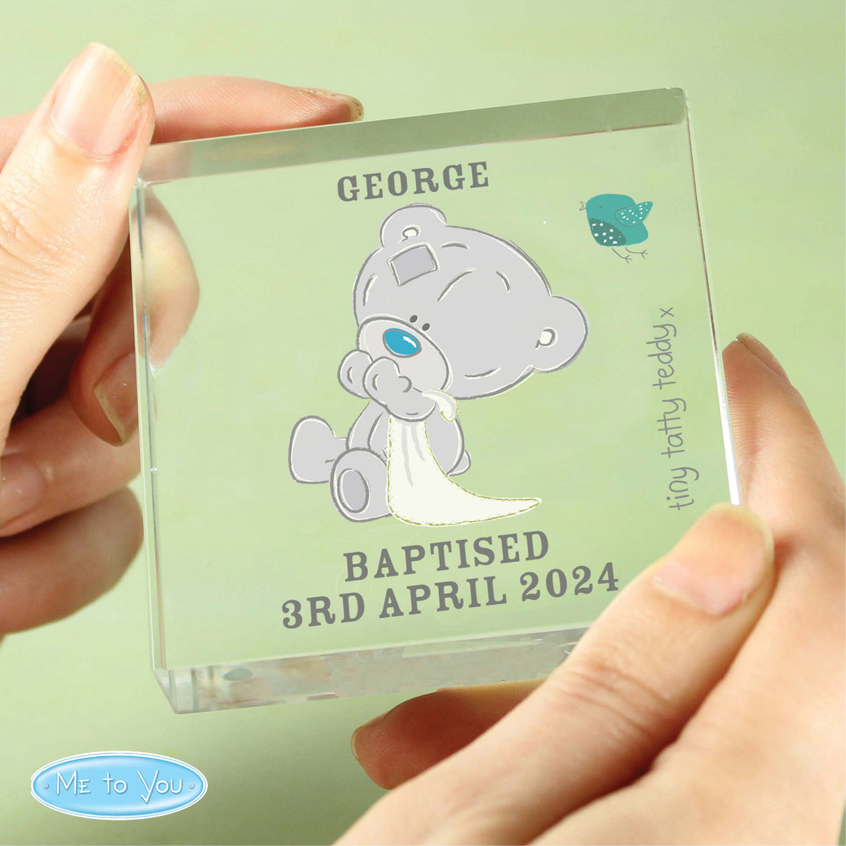 Personalised Tiny Tatty Teddy Christening Crystal Token - Crystal Tokens at Gift Moments