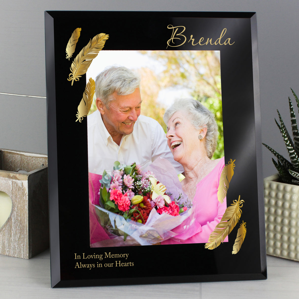 Personalised Golden Feather Black Glass Frame: 5 - Photo Frames By Gift Moments