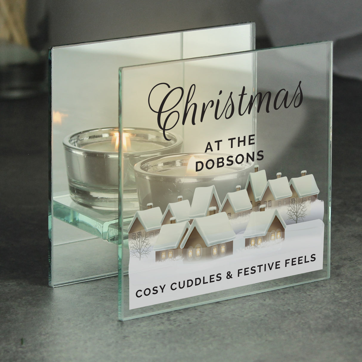 Personalised Christmas Village Glass Tea Light Candle Holder - Candle Holders at Gift Moments