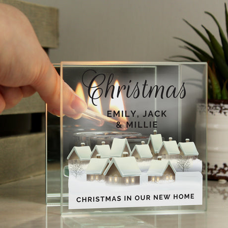 Personalised Christmas Village Glass Tea Light Candle Holder - Candle Holders at Gift Moments