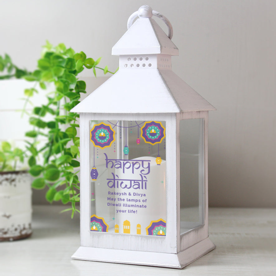 Personalised Diwali White Lantern with Flickering Flame: 3 - LED Lighting By Gift Moments