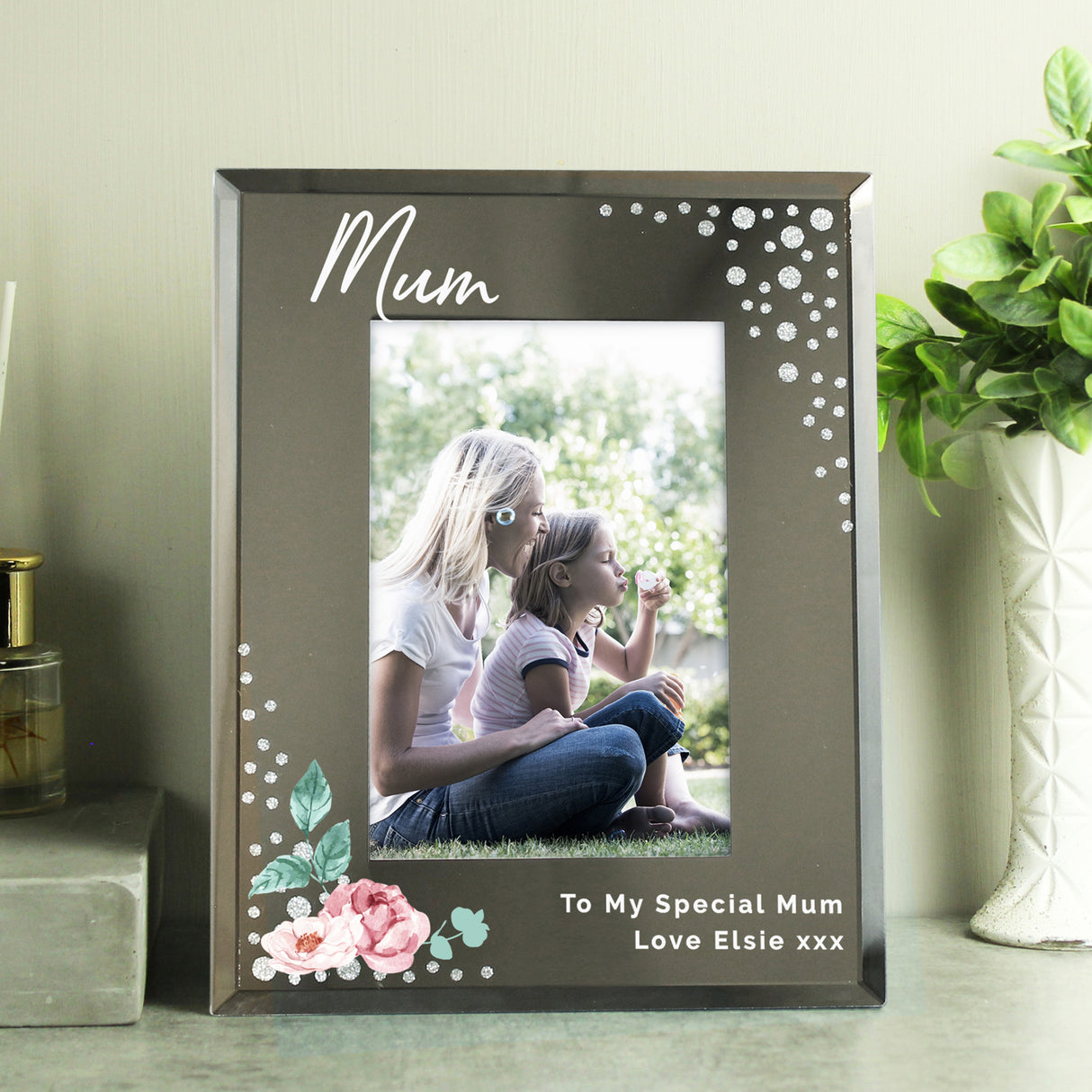 Personalised Floral 6x4 Diamante Glass Photo Frame Default Title - Photo Frames at Gift Moments