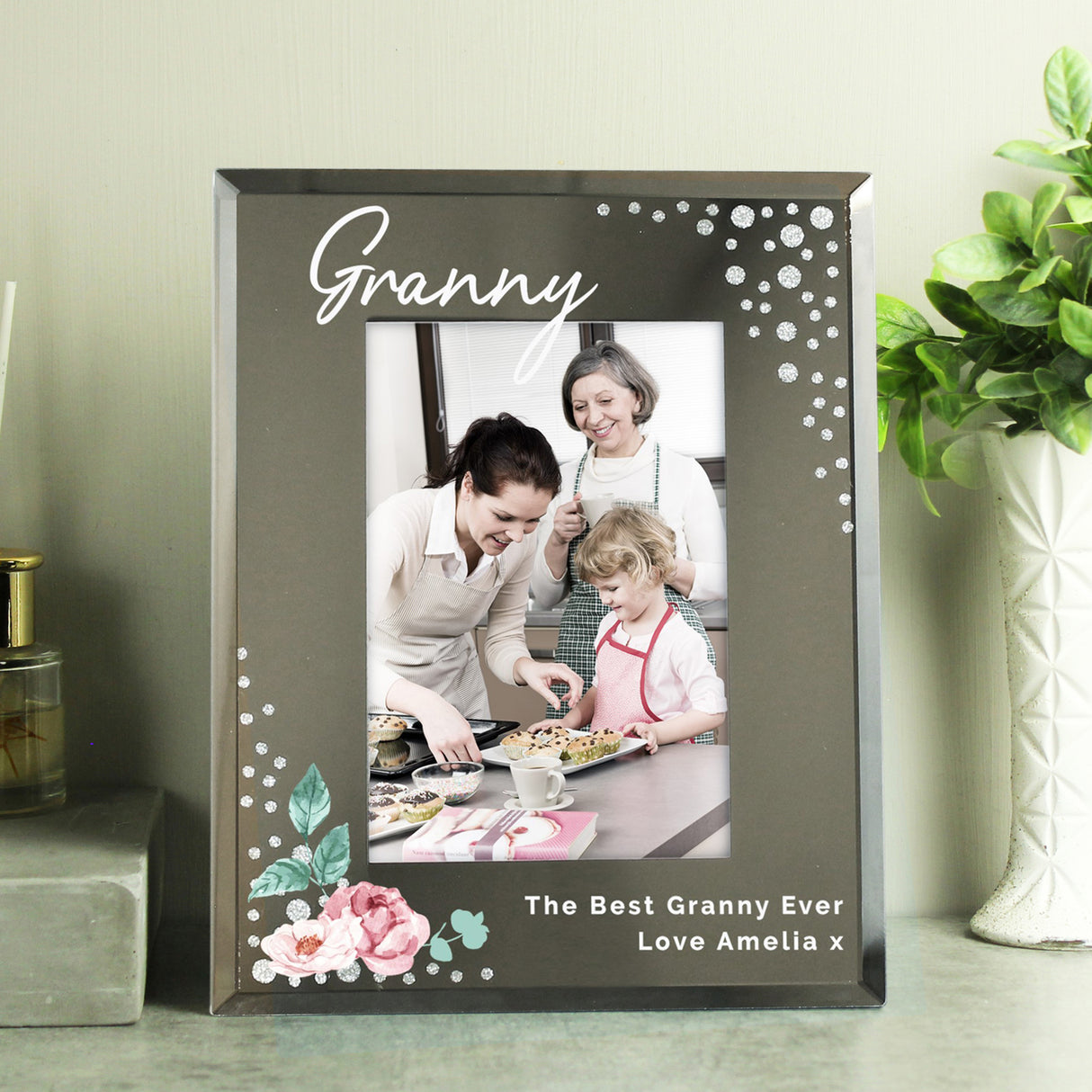 Personalised Floral 6x4 Diamante Glass Photo Frame - Photo Frames at Gift Moments