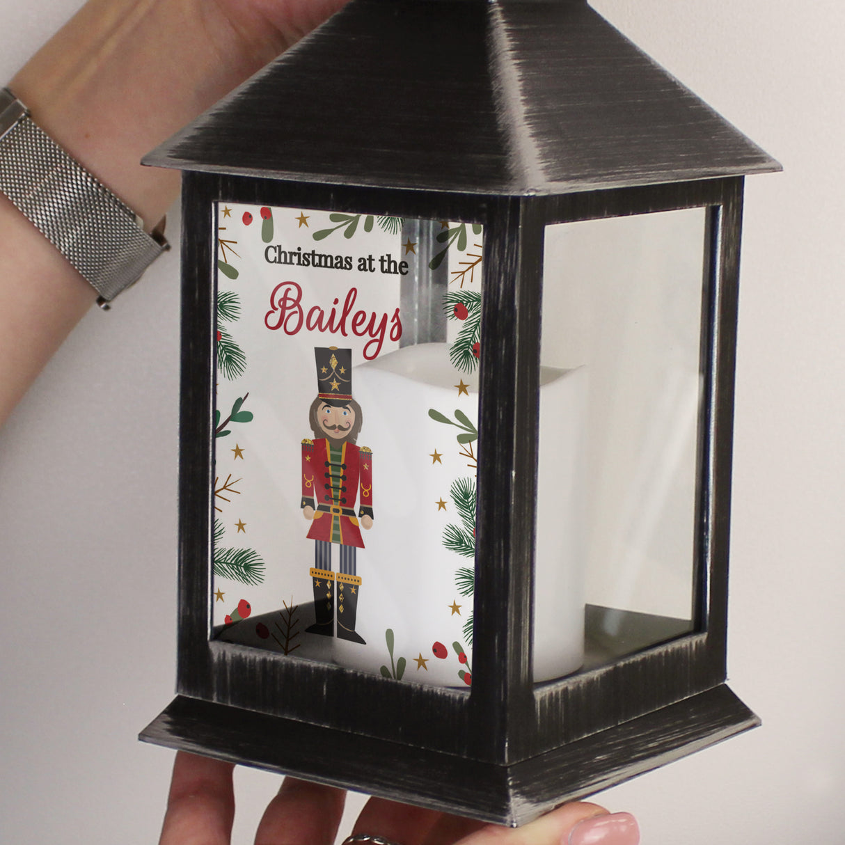 Personalised Christmas Nutcracker Black Lantern - LED Lighting at Gift Moments