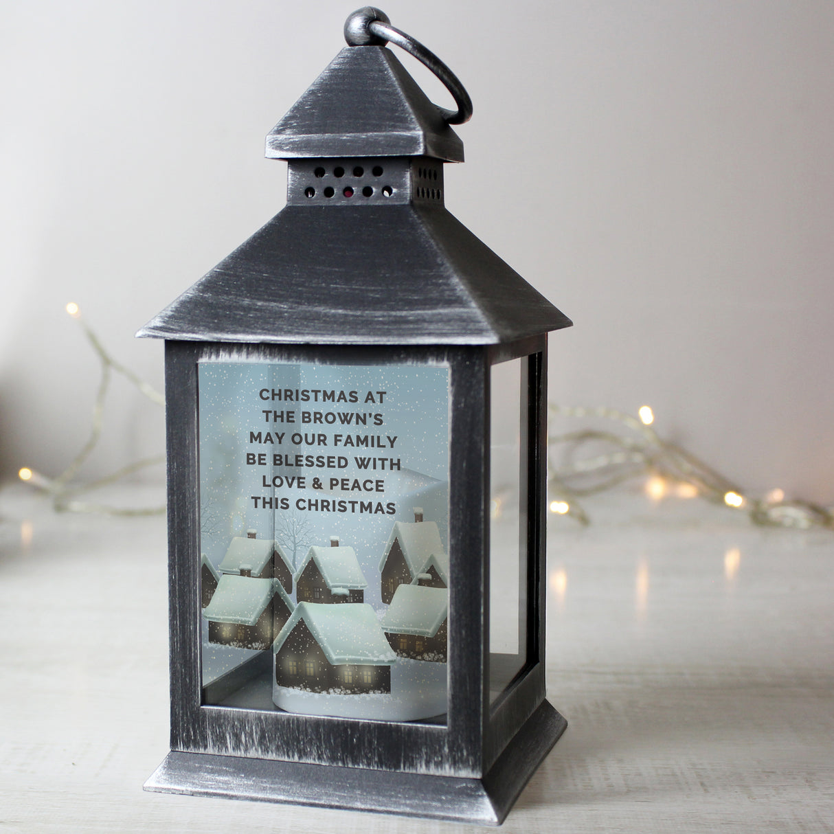 Personalised Christmas Town Black Lantern - LED Lighting at Gift Moments