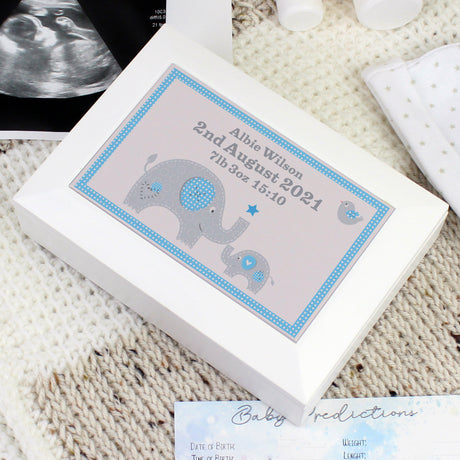 Personalised Blue Baby Elephant White Wooden Keepsake Box - Keepsake Boxes at Gift Moments