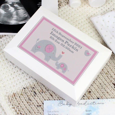 Personalised Pink Baby Elephant White Wooden Keepsake Box - Keepsake Boxes at Gift Moments