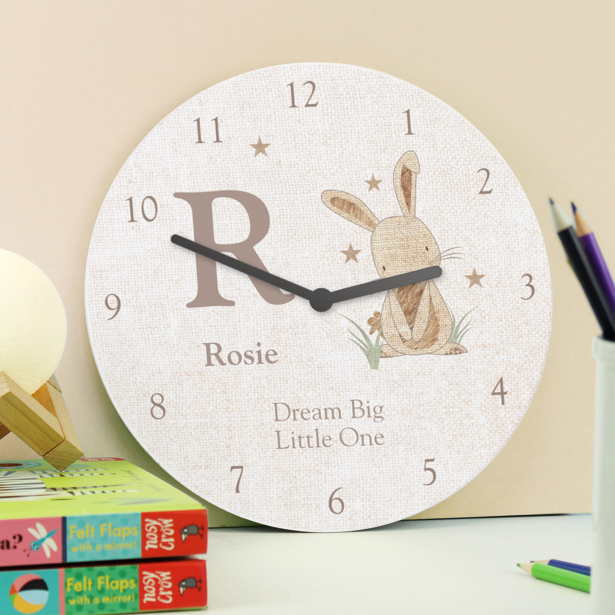 Personalised Hessian Rabbit Shabby Chic Large Wooden Clock - Clocks at Gift Moments