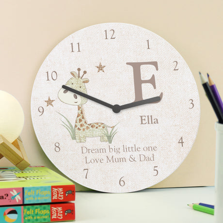 Personalised Hessian Giraffe Nursery Wooden Clock - Clocks at Gift Moments