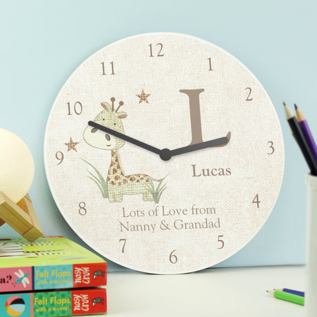 Personalised Hessian Giraffe Nursery Wooden Clock - Clocks at Gift Moments