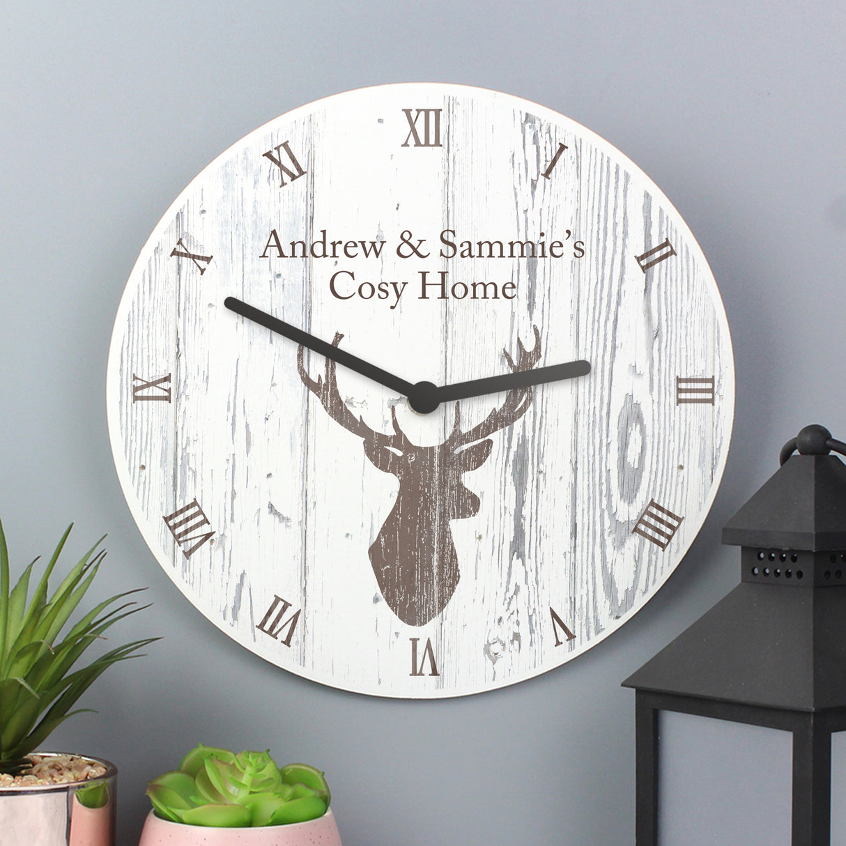 Personalised Highland Stag Shabby Chic Wooden Clock - Clocks at Gift Moments