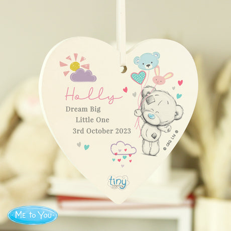 Personalised Tiny Tatty Teddy Pink Wooden Heart Decoration - Decorations at Gift Moments