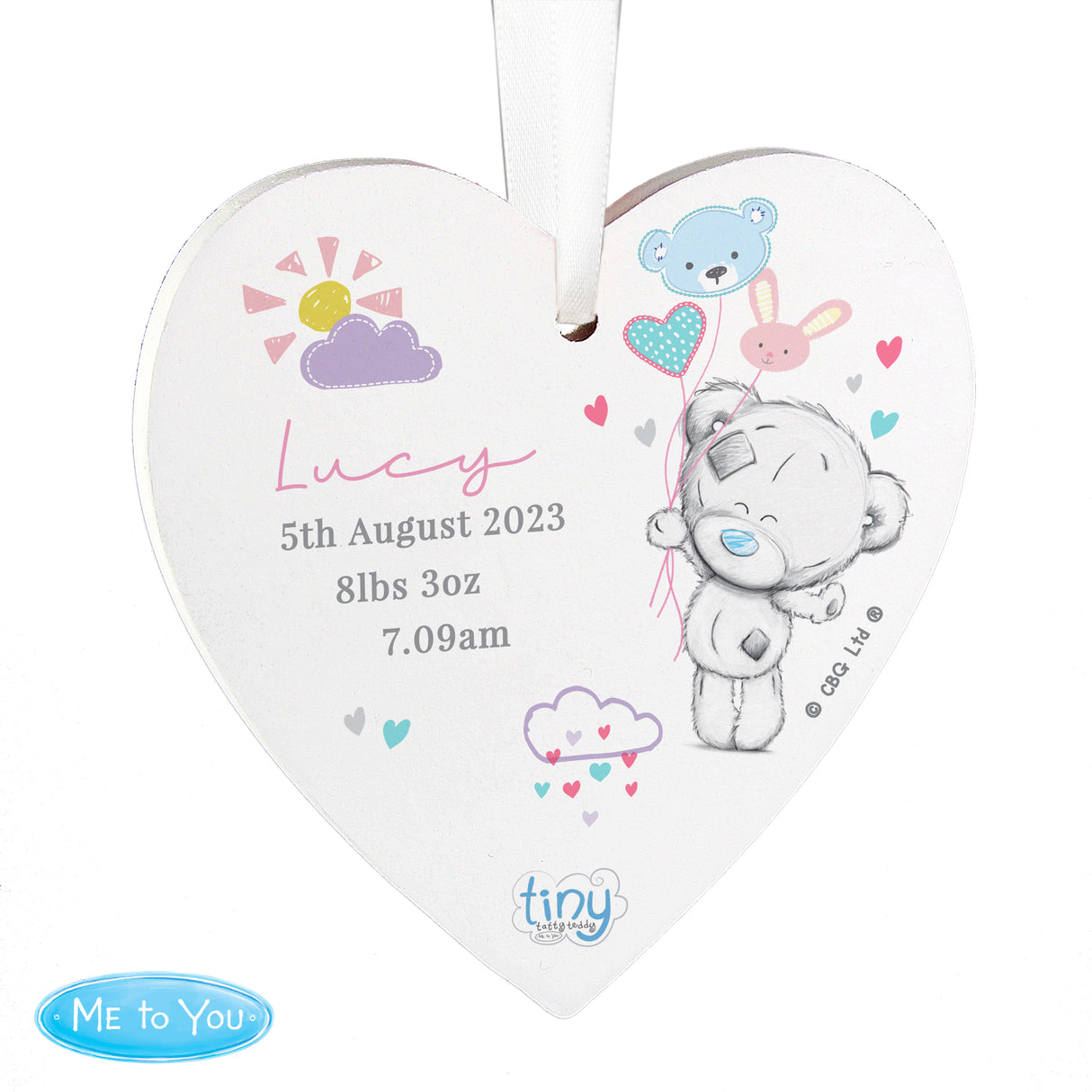 Personalised Tiny Tatty Teddy Pink Wooden Heart Decoration - Decorations at Gift Moments