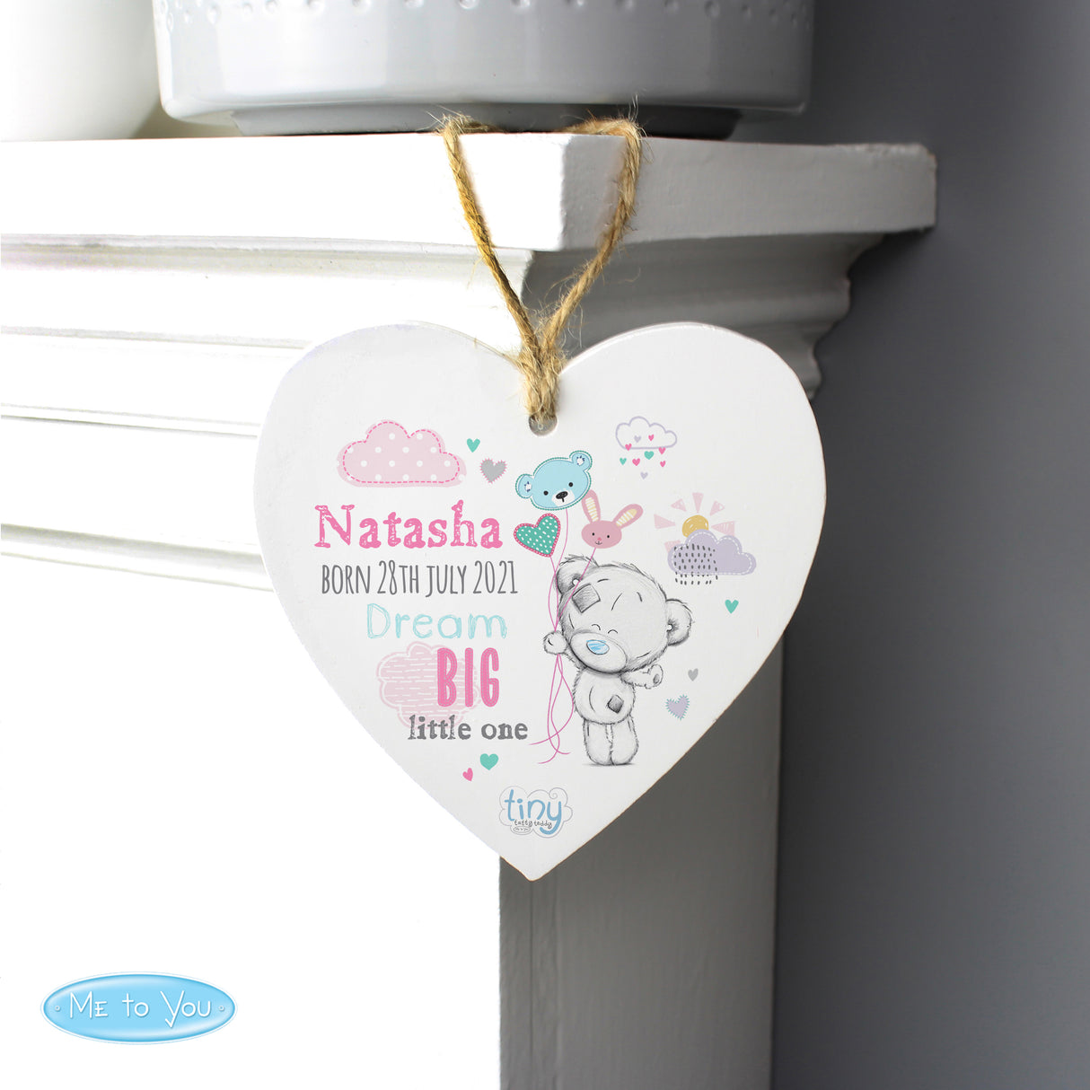 Personalised Tiny Tatty Teddy Pink Wooden Heart Decoration - Decorations at Gift Moments