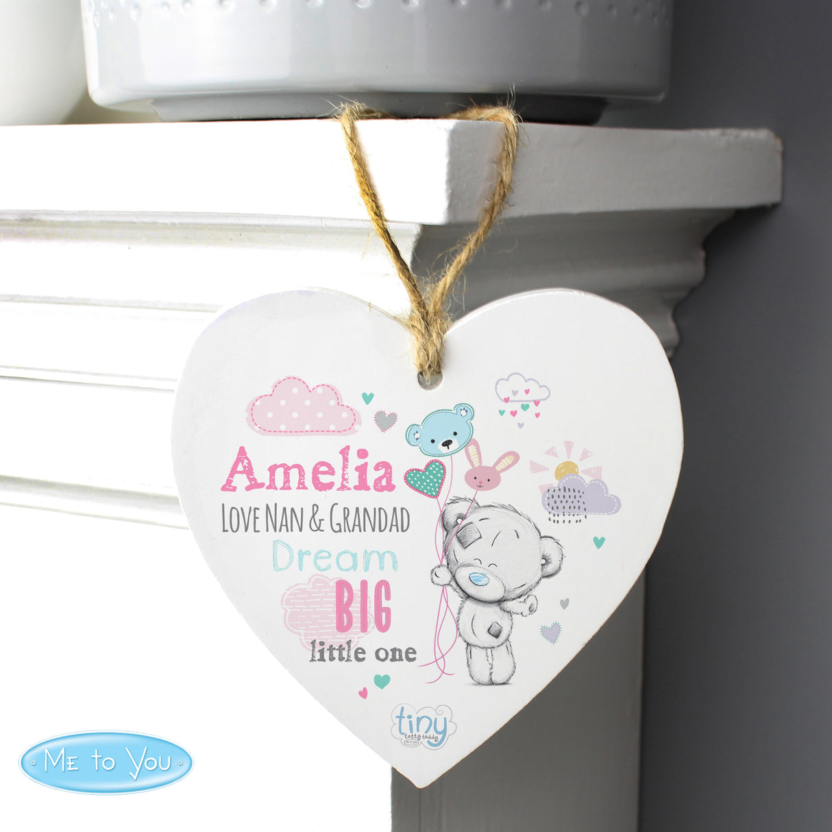 Personalised Tiny Tatty Teddy Pink Wooden Heart Decoration - Decorations at Gift Moments