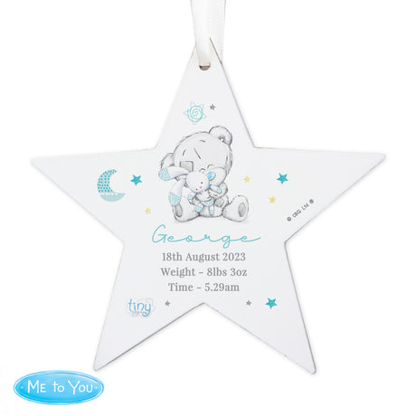 Personalised Tiny Tatty Teddy Blue Wooden Star Decoration - Decorations at Gift Moments