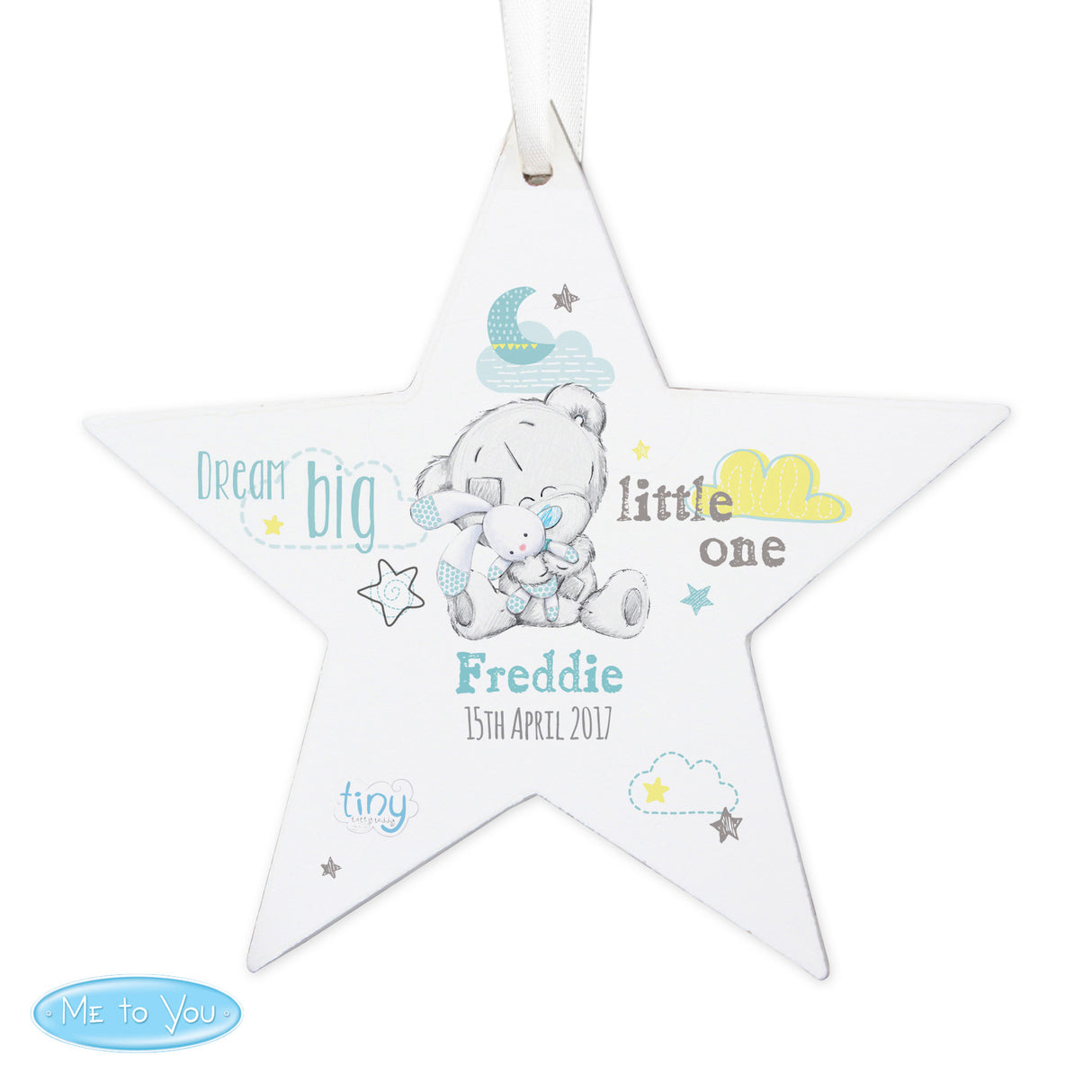 Personalised Tiny Tatty Teddy Blue Wooden Star Decoration - Decorations at Gift Moments