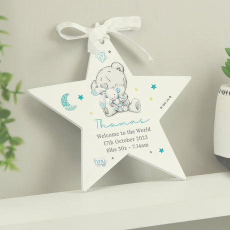 Personalised Tiny Tatty Teddy Blue Wooden Star Decoration - Decorations at Gift Moments