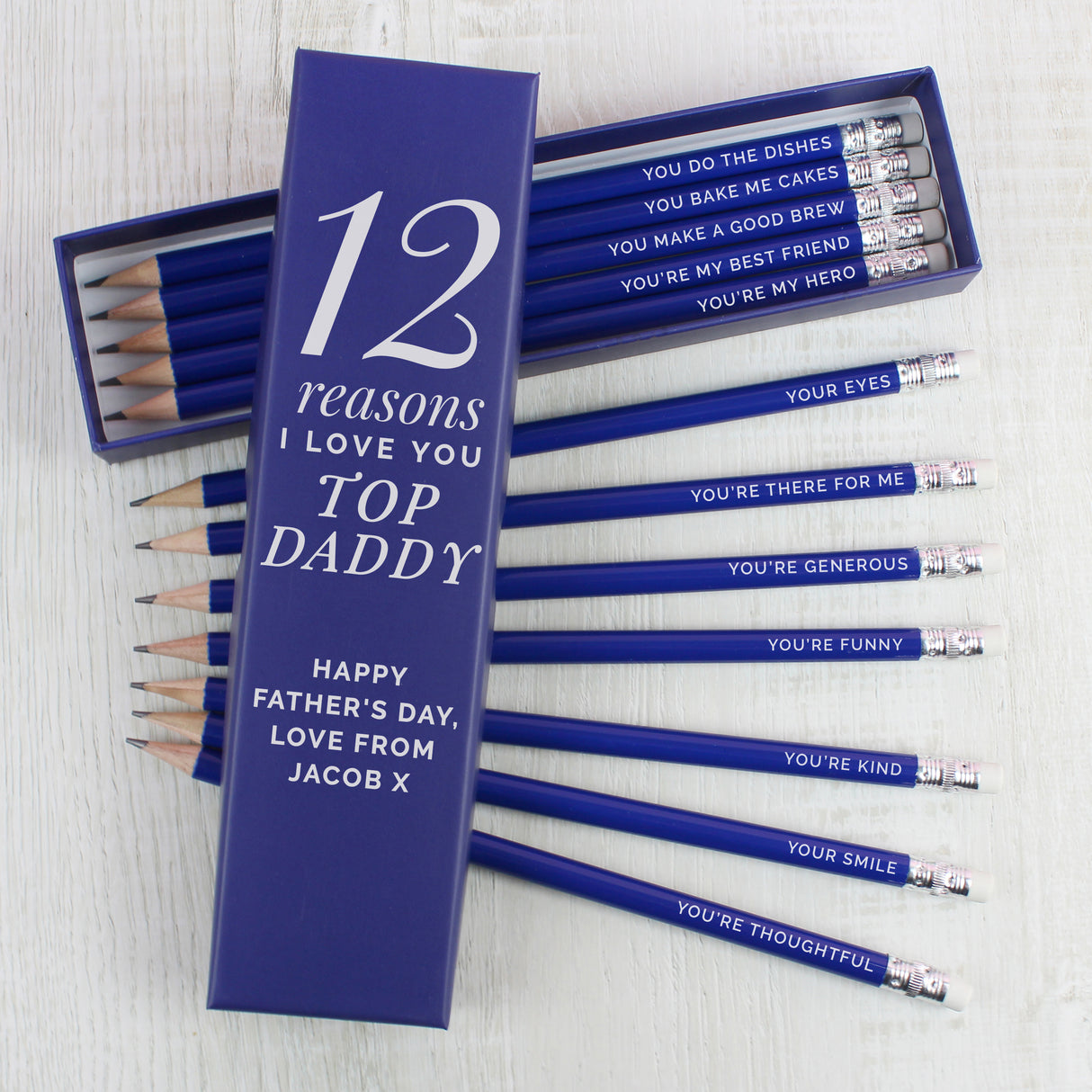 Personalised 12 Reasons Box and 12 Blue HB Pencils - Pens & Pencils at Gift Moments