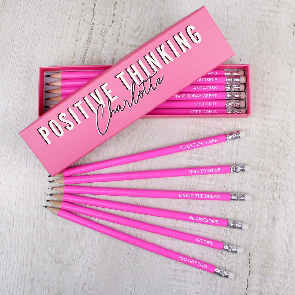 Personalised Positive Thinking Box with 12 Pink HB Pencils Default Title - Pens & Pencils at Gift Moments