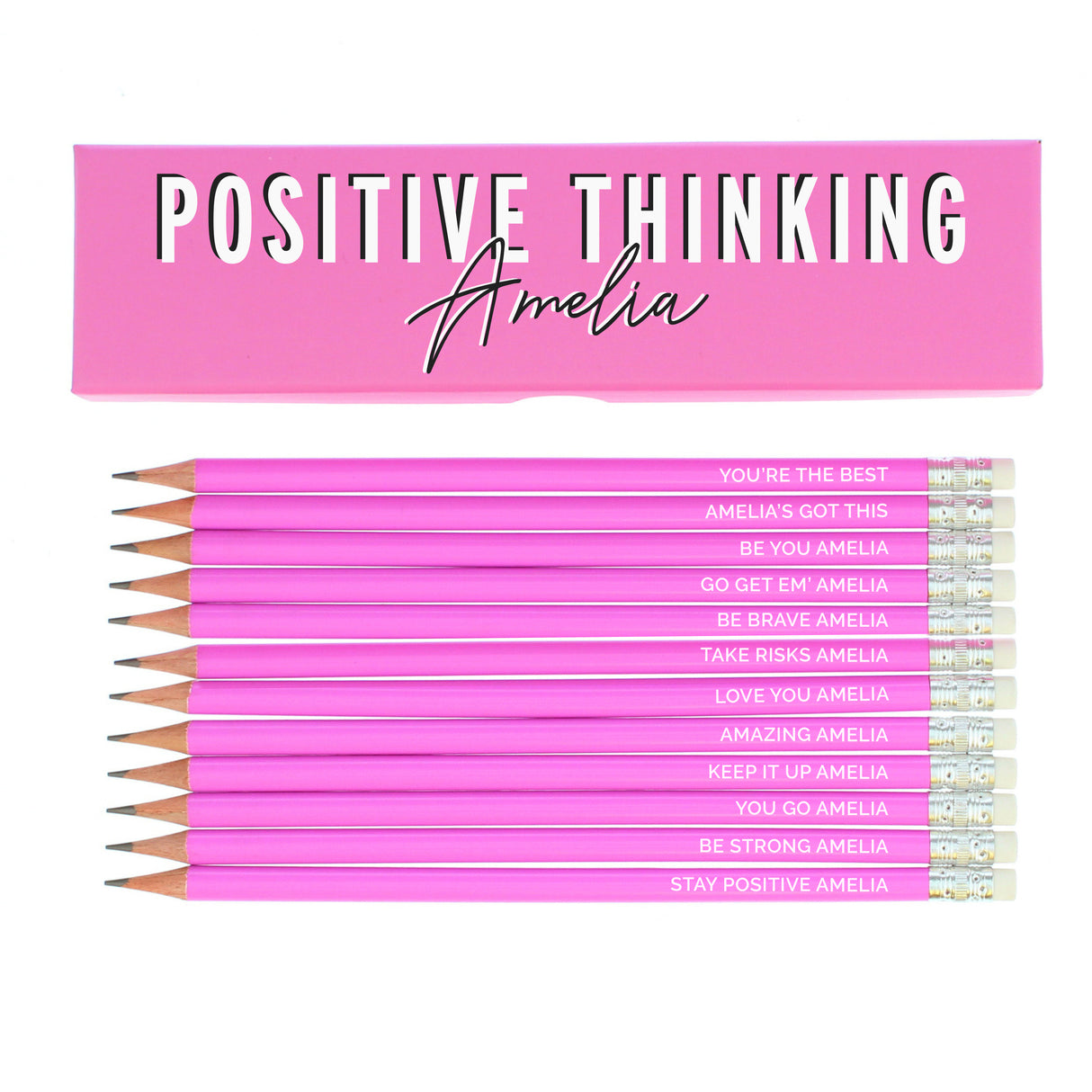 Personalised Positive Thinking Box with 12 Pink HB Pencils - Pens & Pencils at Gift Moments