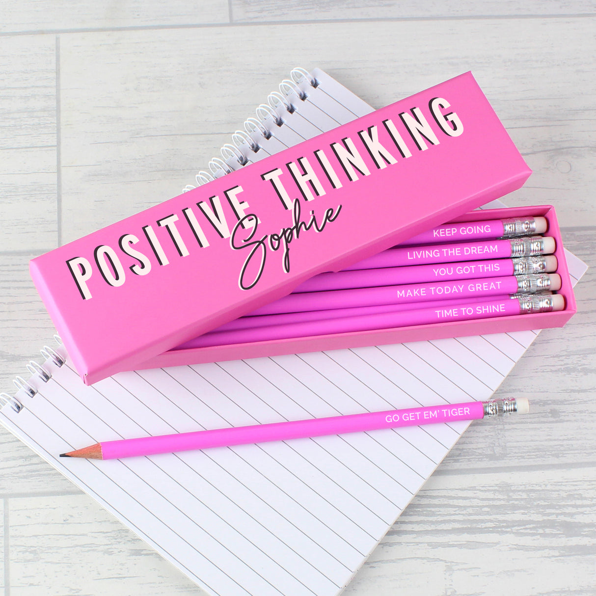 Personalised Positive Thinking Box with 12 Pink HB Pencils - Pens & Pencils at Gift Moments