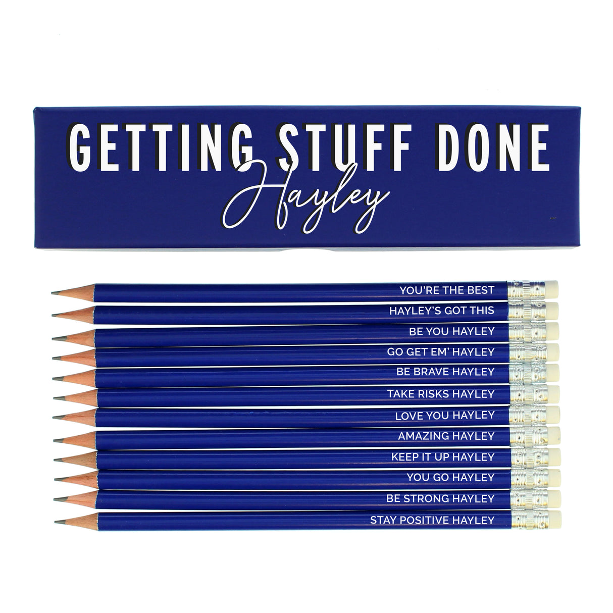 Personalised Getting Stuff Done Box with 12 Blue HB Pencils - Pens & Pencils at Gift Moments