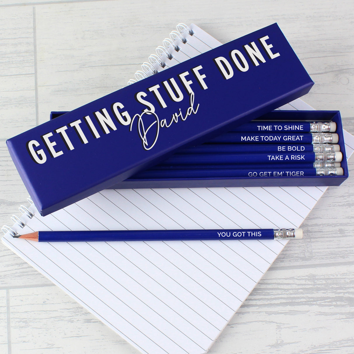 Personalised Getting Stuff Done Box with 12 Blue HB Pencils - Pens & Pencils at Gift Moments