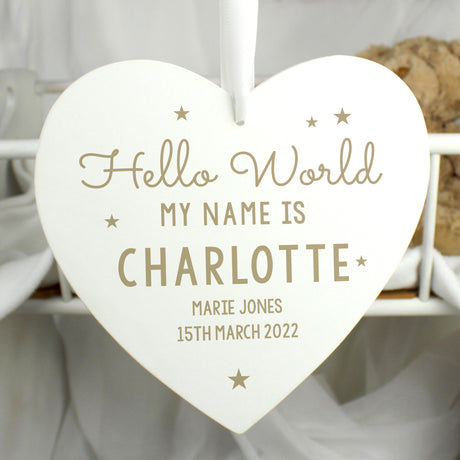 Personalised Hello World Large Wooden Heart Decoration - Decorations at Gift Moments