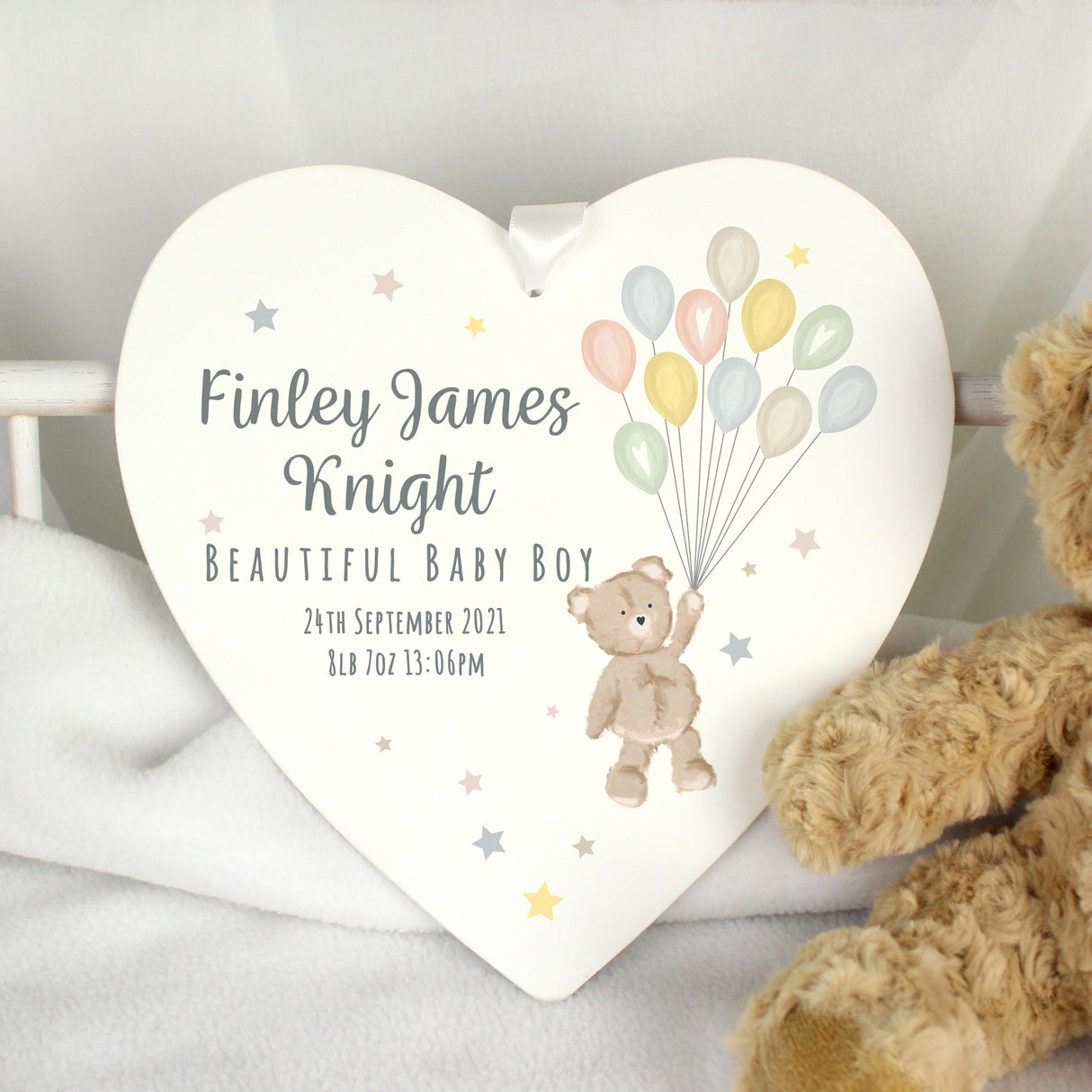 Personalised Teddy & Balloons White Wooden Heart Decoration Default Title - Decorations at Gift Moments