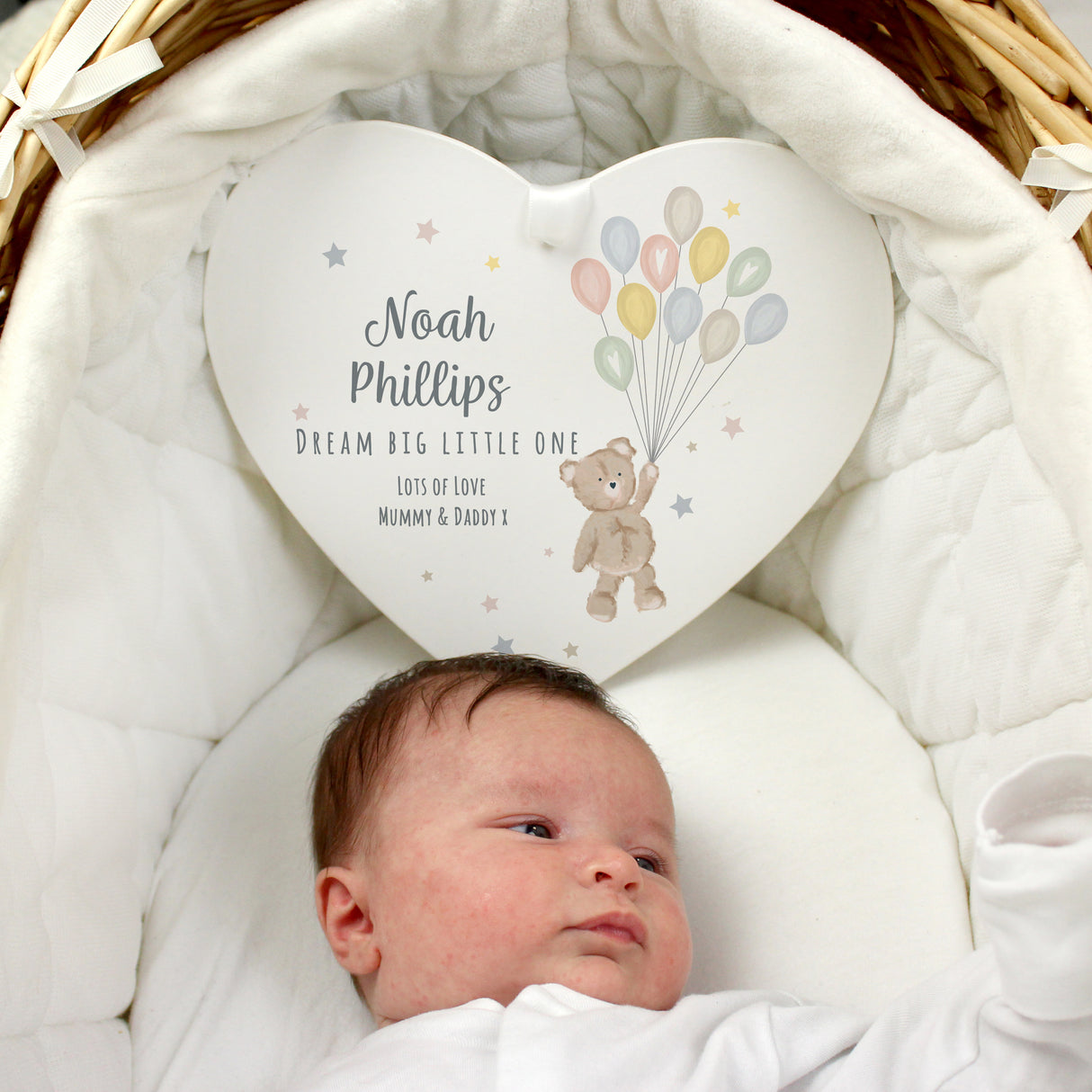 Personalised Teddy & Balloons White Wooden Heart Decoration - Decorations at Gift Moments