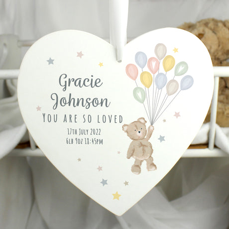 Personalised Teddy & Balloons White Wooden Heart Decoration - Decorations at Gift Moments