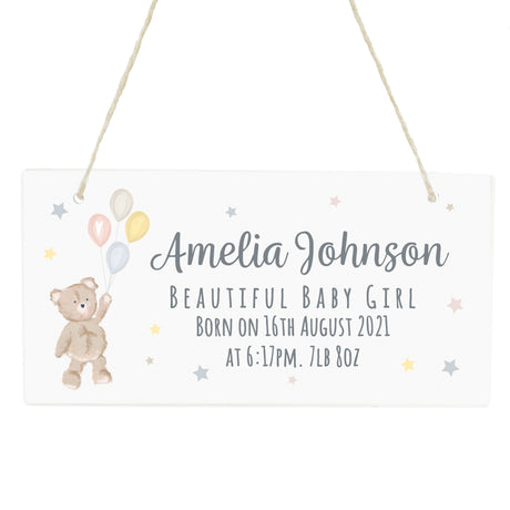 Personalised Teddy & Balloons White Wooden Sign - Signs & Plaques at Gift Moments