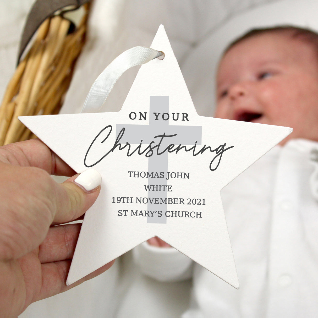 Personalised On Your Christening Wooden Star Decoration Default Title - Decorations at Gift Moments