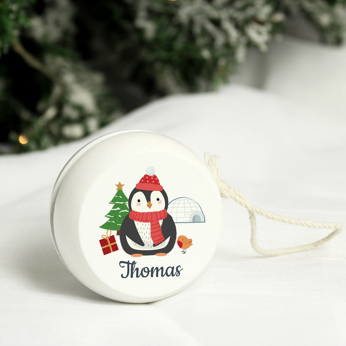 Personalised Christmas Penguin White Wooden Yoyo - Toys at Gift Moments