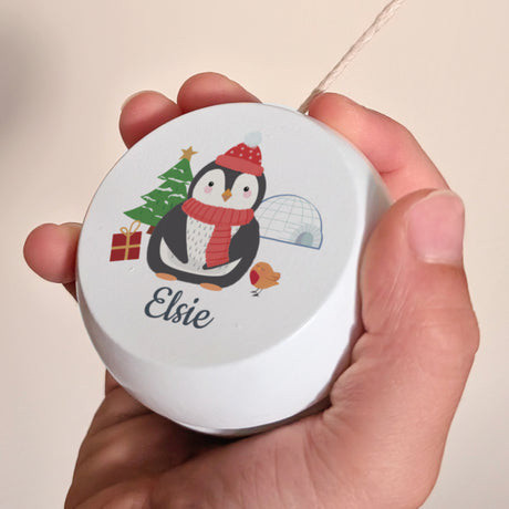 Personalised Christmas Penguin White Wooden Yoyo - Toys at Gift Moments