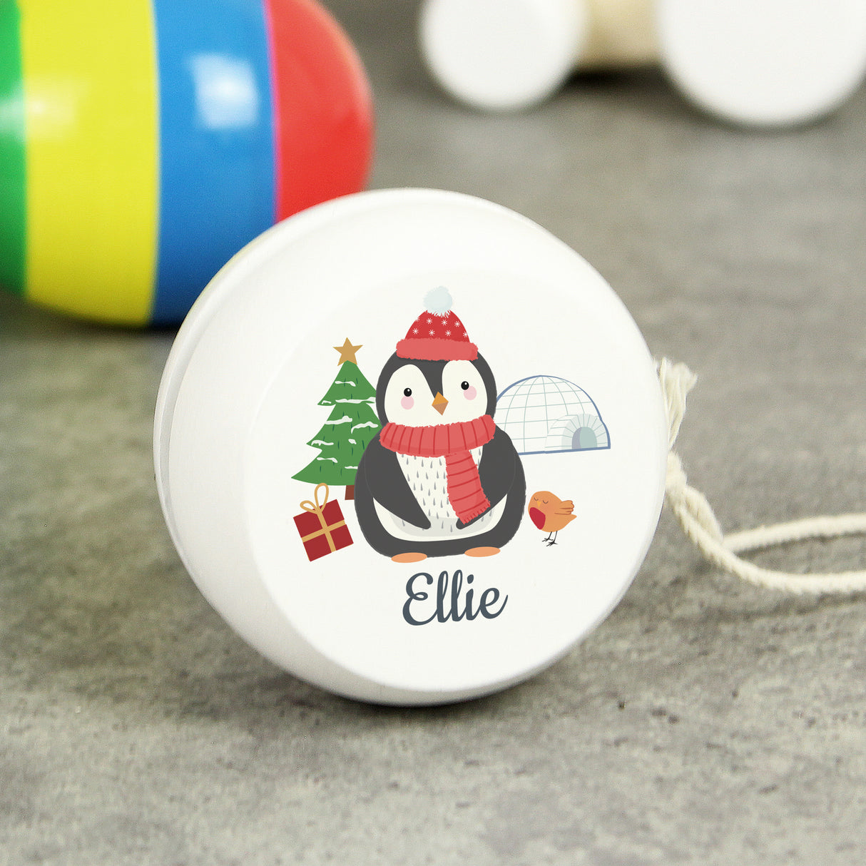 Personalised Christmas Penguin White Wooden Yoyo - Toys at Gift Moments